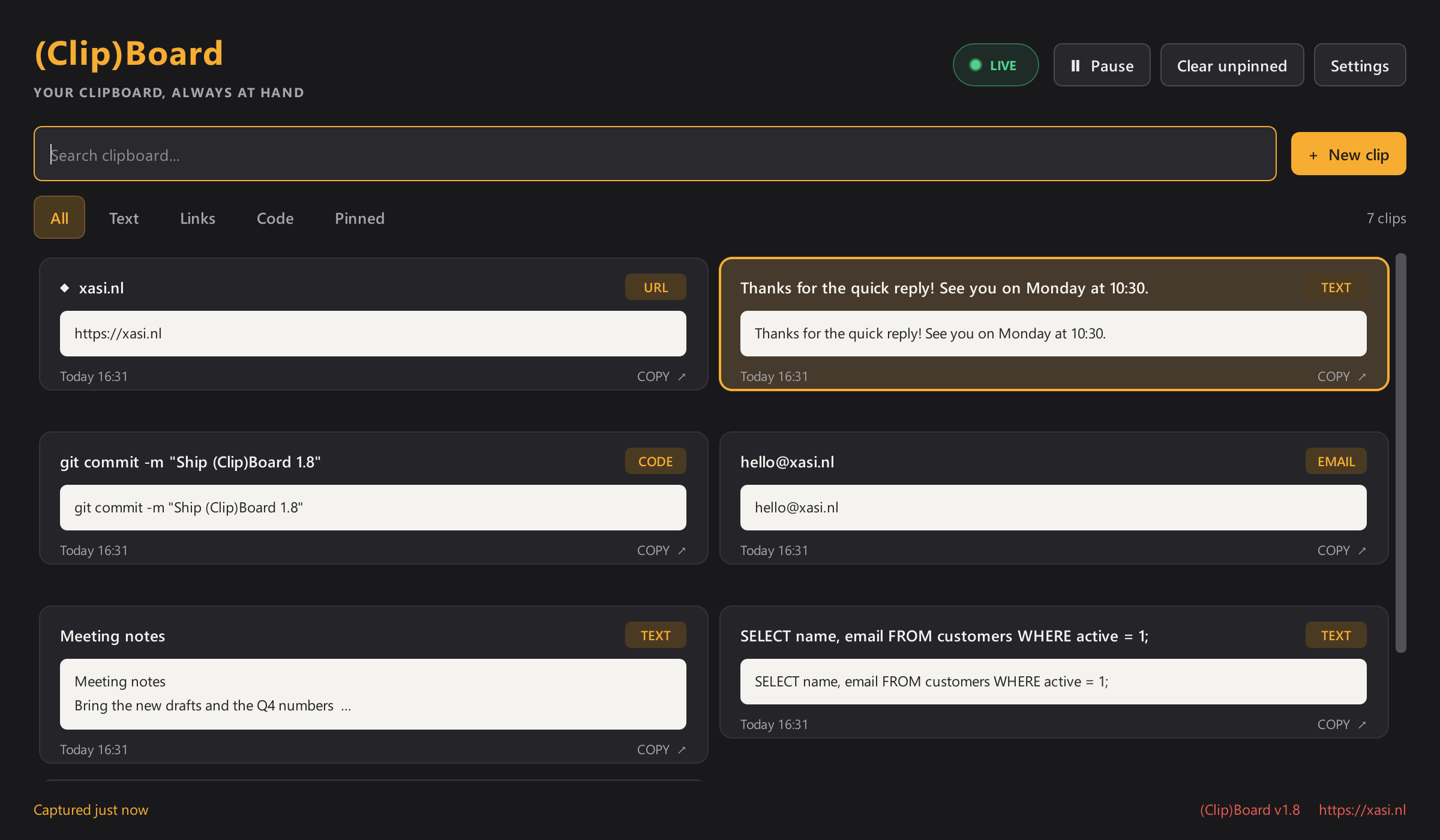 Screenshot of (Clip)Board 1.8 with live indicator and clip cards
