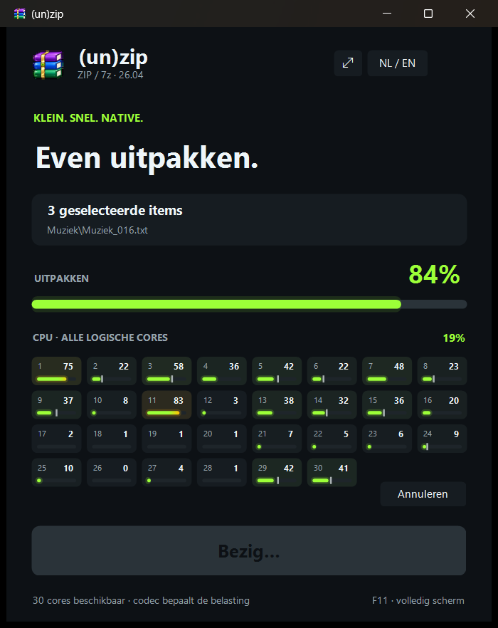 (un)zip pakt drie archieven tegelijk uit, met live meters per core