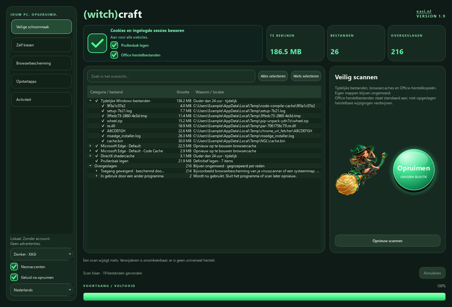 (witch)craft na een scan: bestanden per categorie, overgeslagen bestanden per reden en de groene Opruimen-bol