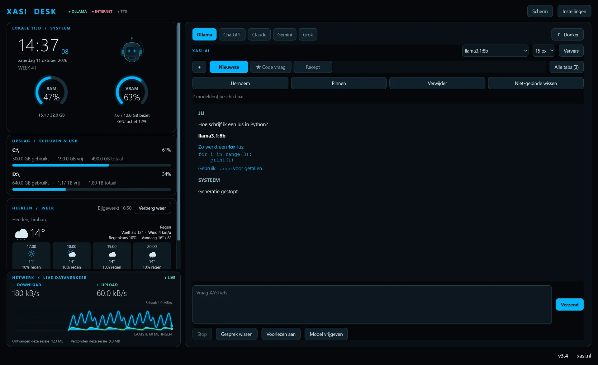 XASI Desk in het donkere thema: klok, robot, RAM- en VRAM-meters, opslag, weer, netwerkgrafiek en AI-chat